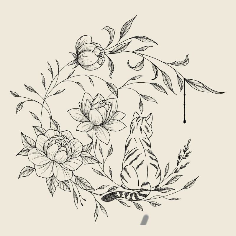 Chat assis sur une lune florale, composition flora