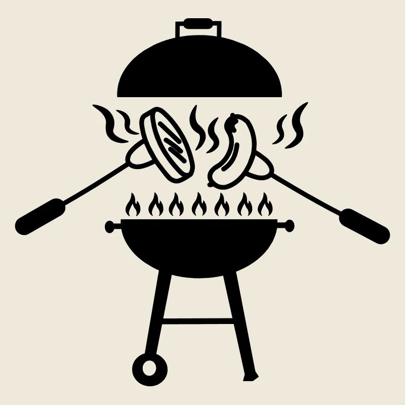 BBQ-Grill darüber Gabeln mit Wurst und Hamburger