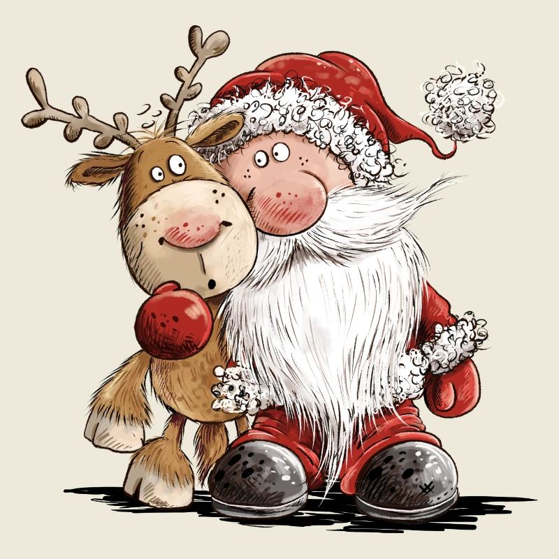 Drolliger Weihnachtsmann und sein Rentier 
