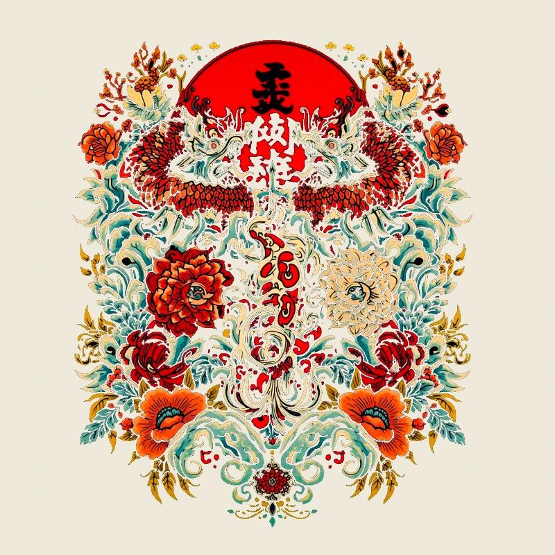 Dragon et fleurs autour du soleil