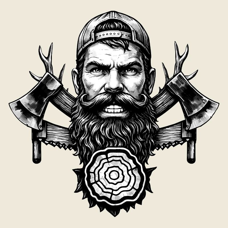 Bûcheron avec barbe, haches et tronc d’arbre