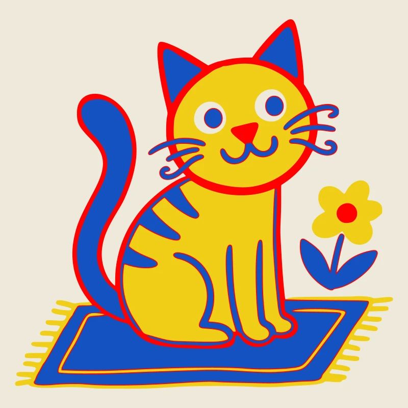 Chat coloré sur un tapis dans une prairie fleurie