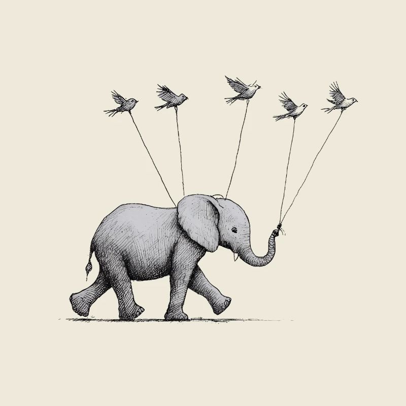 Kleiner Elefant mit Vögeln – Zarte Illustration