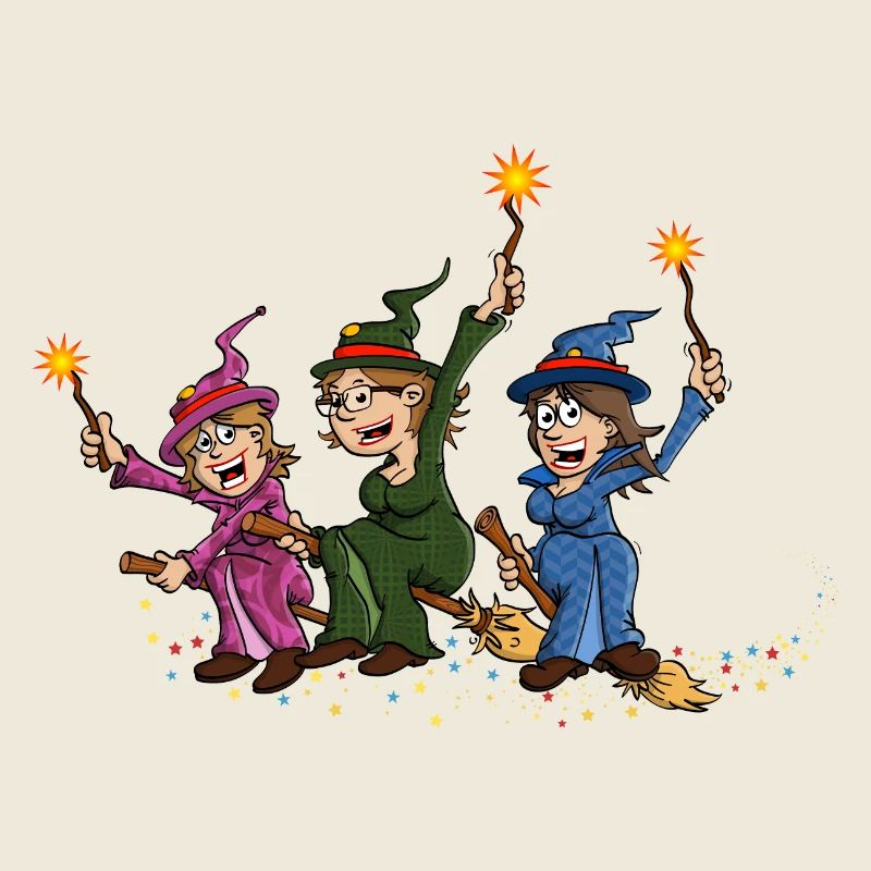 Illustration de 3 sorcières joyeuses sur des balais