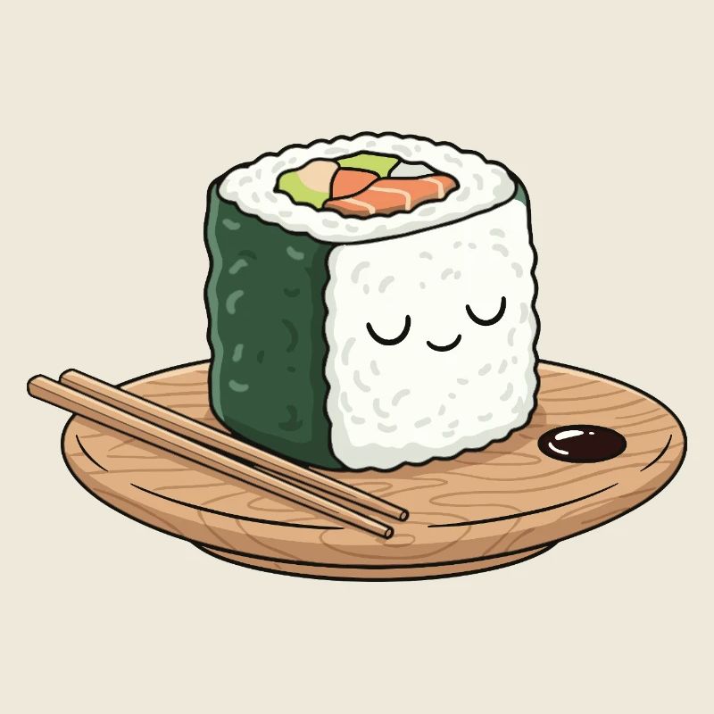 Kawaii Sushi auf Holzplatte mit Stäbchen