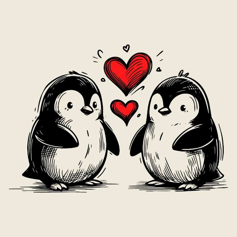 Penguins in Love Holding Hearts
