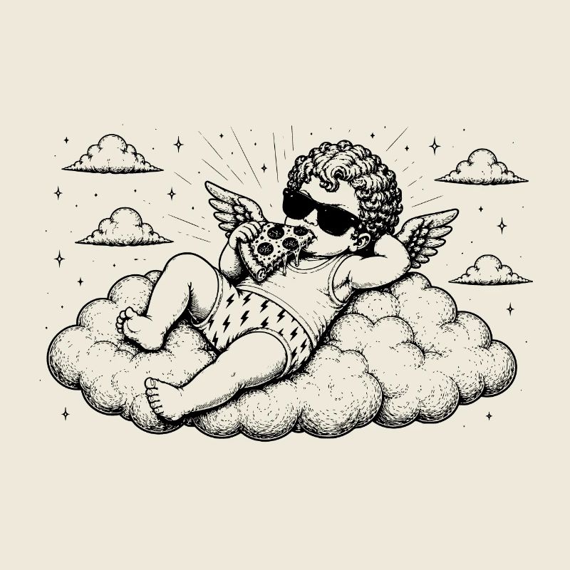Cherub chills with pizza on cloud