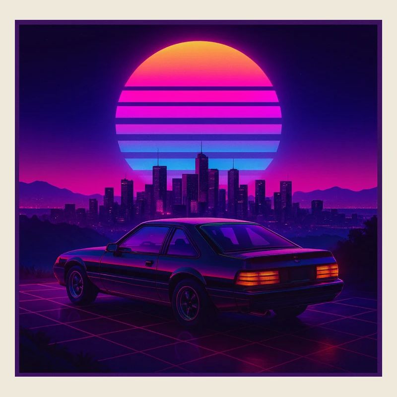 Neon Outrun Sunset Car – Synthwave rétro