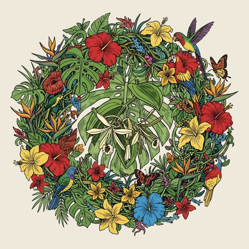 Tropical flower wreath with birds