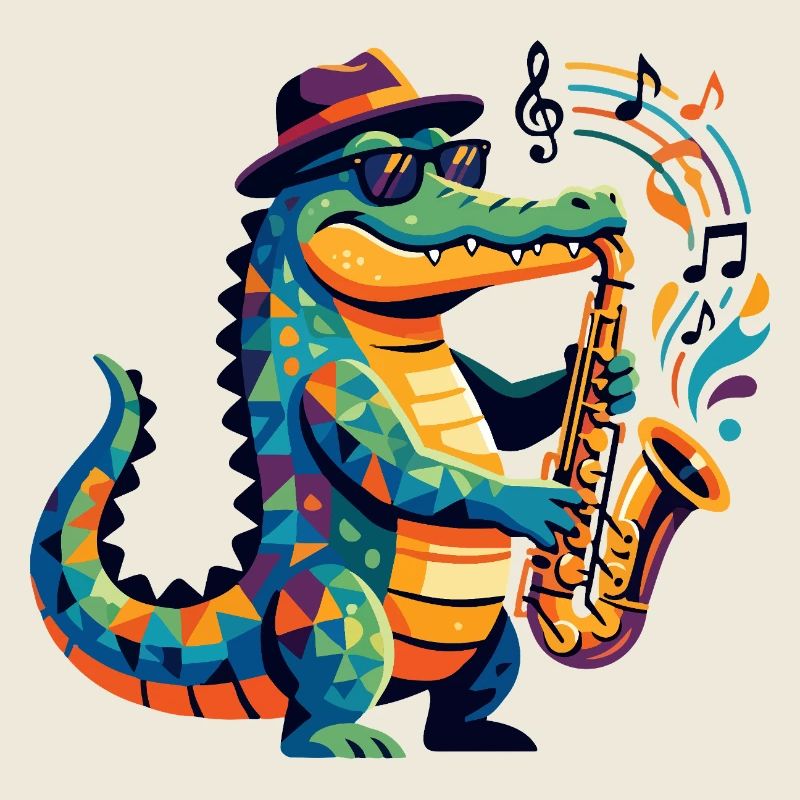 Motif de formes colorées de saxophone de musique jazz alligator