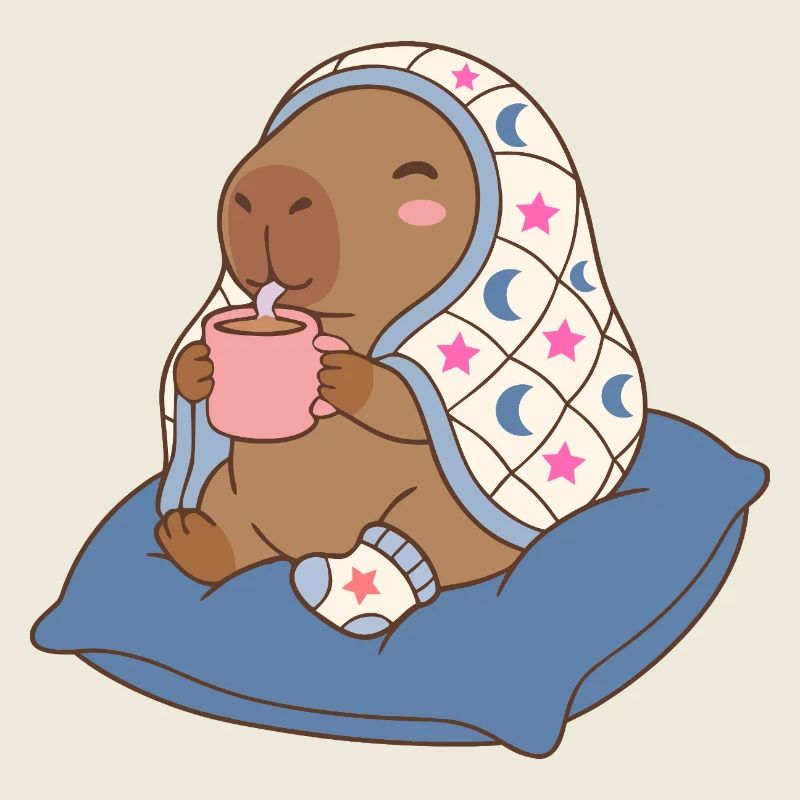 Capybara nuit douillette sur un oreiller en sirotant du cacao