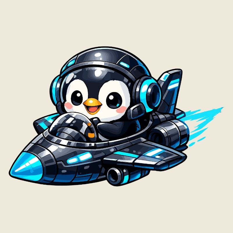 Neon-Pinguin Pilot im Raketenjet