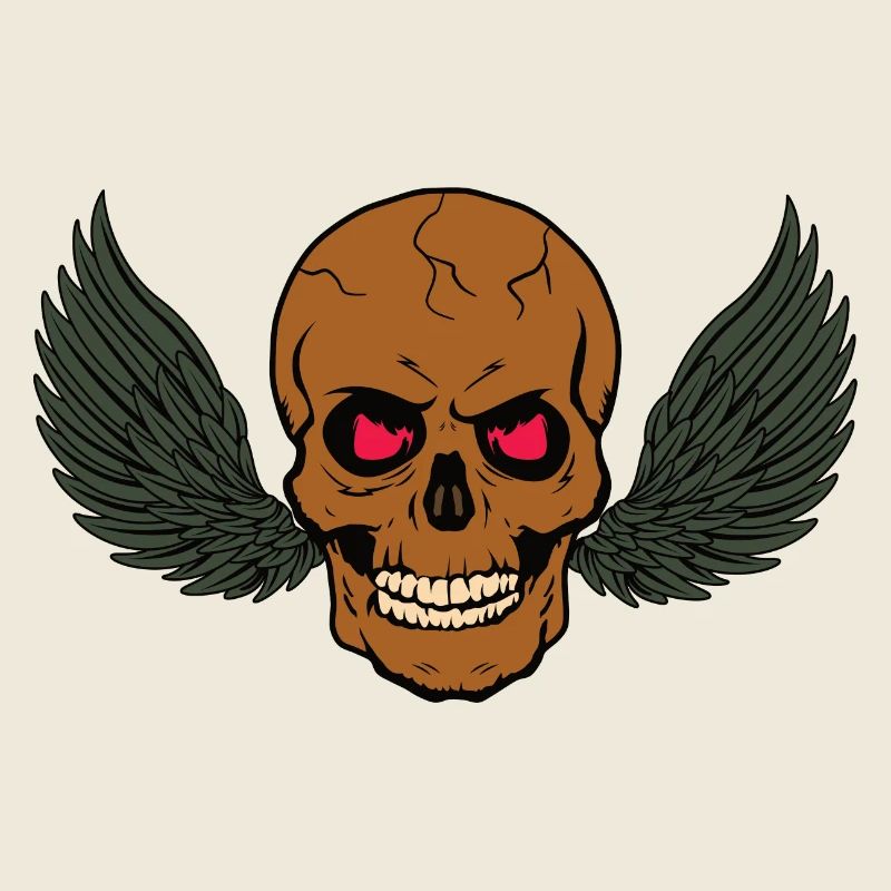 Skeletal skull with wings.