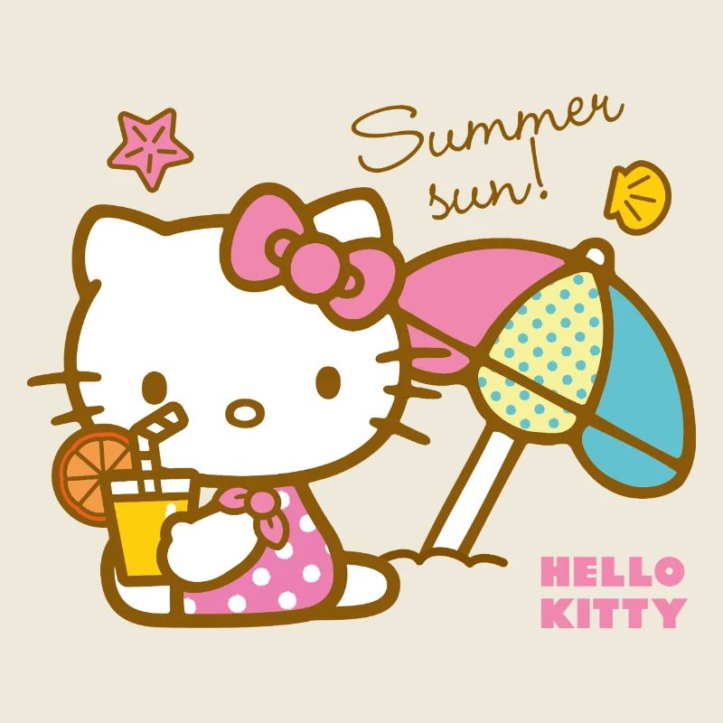 Hello Kitty en la playa bajo una sombrilla