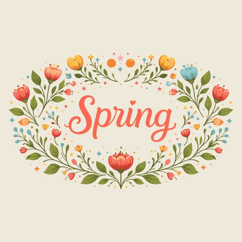 Spring lettering in floral spring wreath