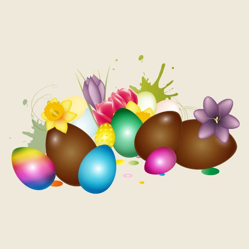 Chocolate Easter eggs with colorful eggs and flowers