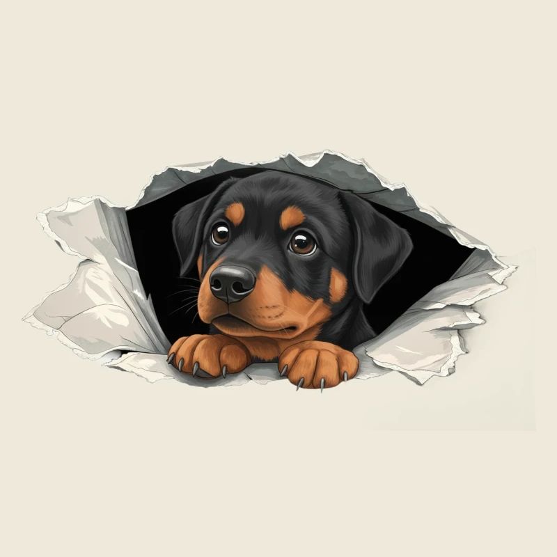 Mignon, chien Rottweiler Scrutant Drôle de papier déchiré pour chiot