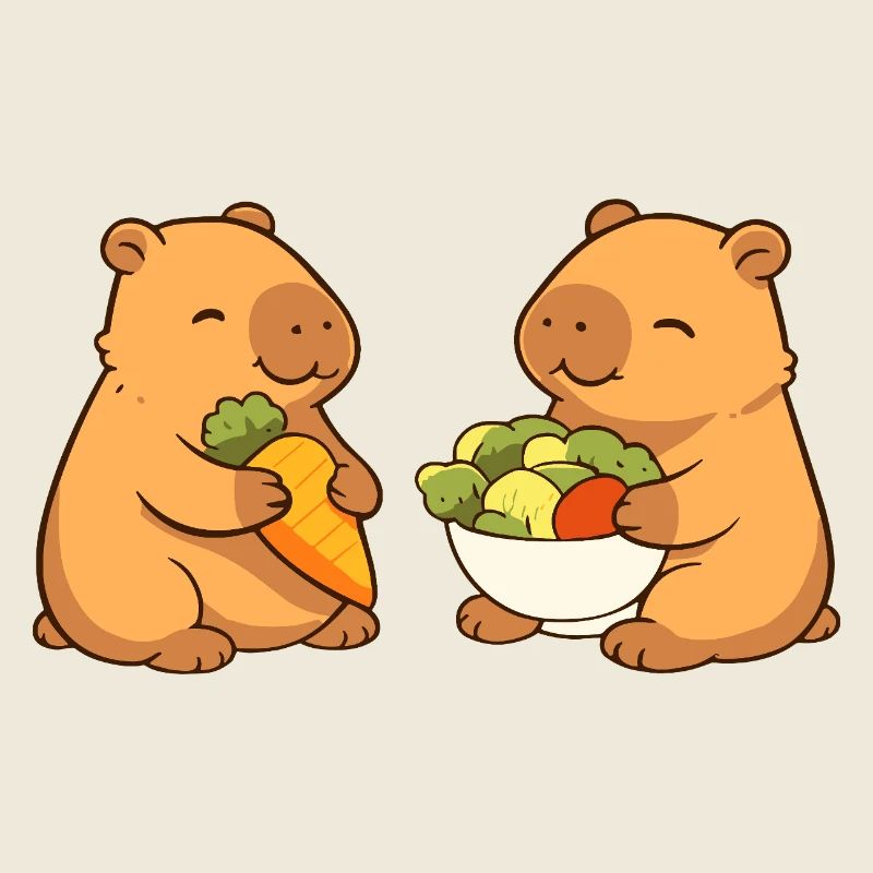 Couple capybara avec des légumes – détendu et mignon