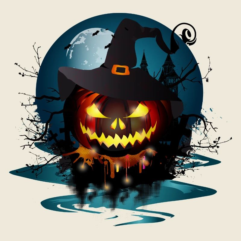 Dark Halloween Pumpkin With Witches Hat & Full Moon