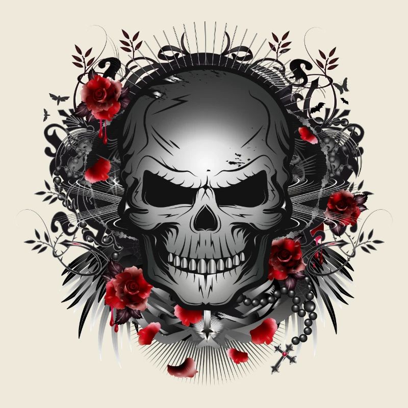 crâne gothique foncé avec des roses rouges