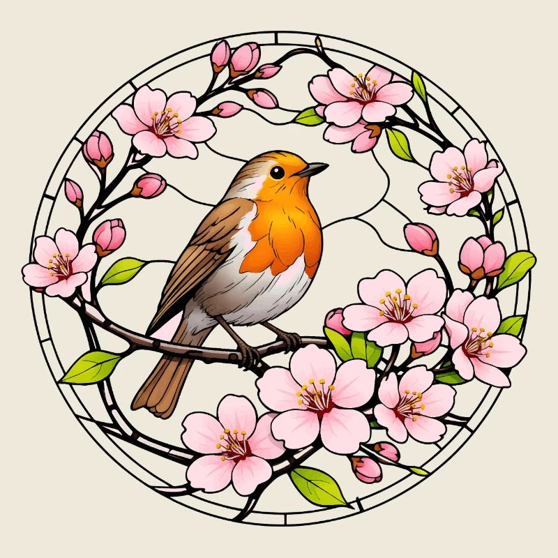 Robin with cherry blossoms stained glass window style