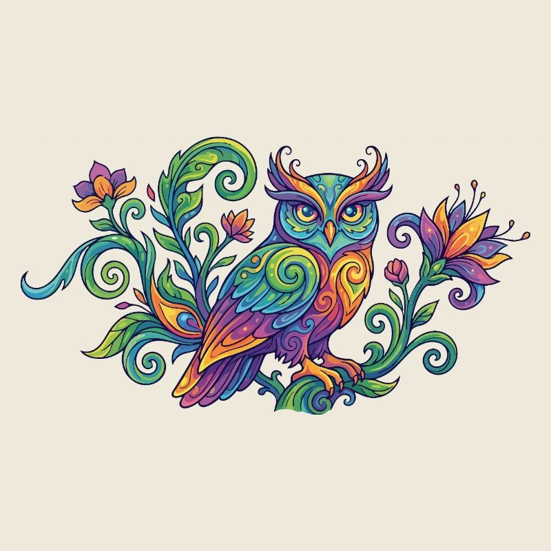 Farbenfrohe Eule im Baum mit Blüten Ornamenten