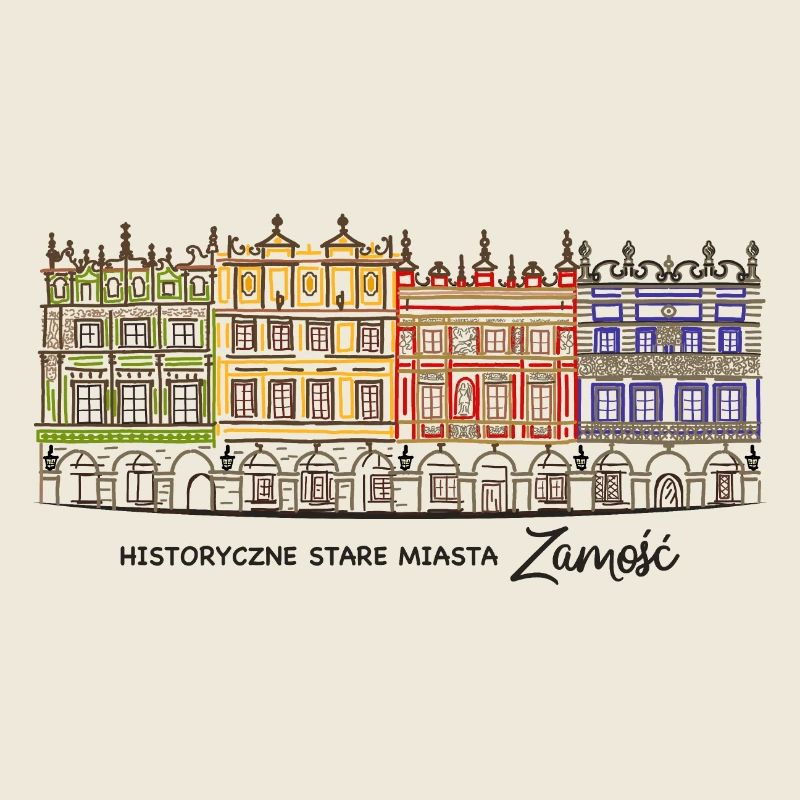 Zamosc en Pologne, façades sur le marché, dessin à la main