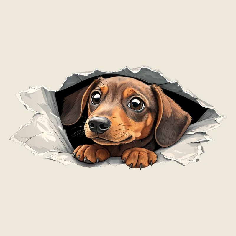 Petit chiot teckel mignon qui regarde en papier Déchirure Drôle de chien