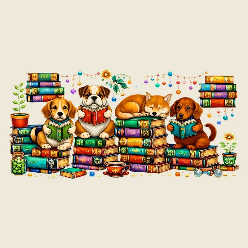 Chiens lecteurs avec des piles de livres