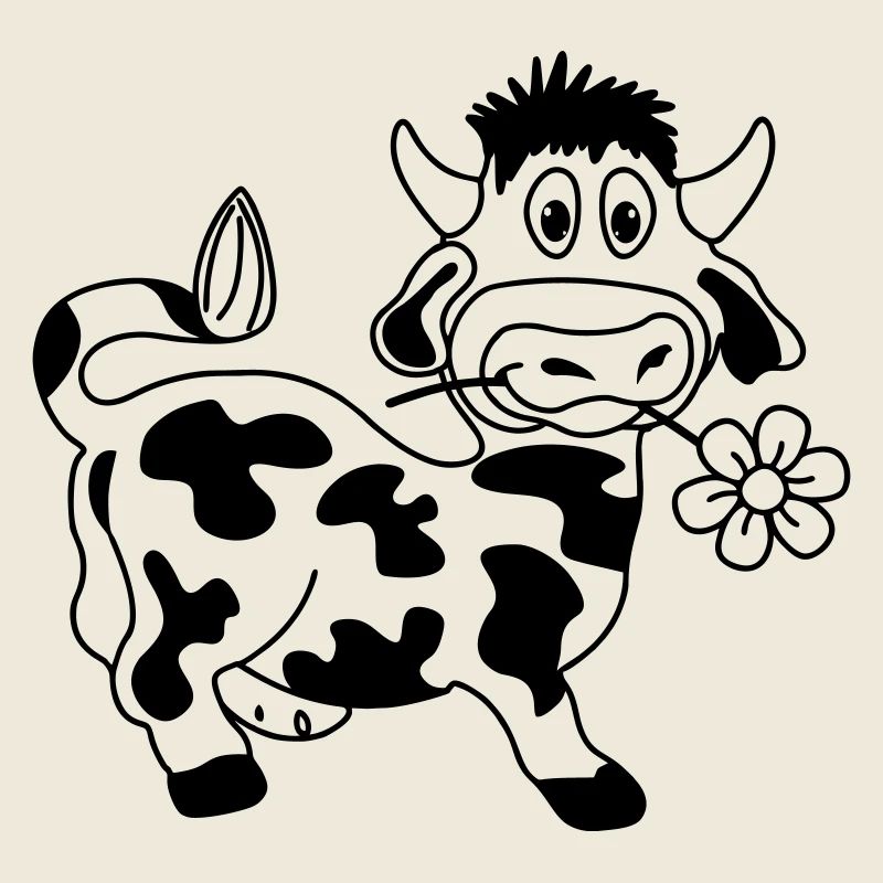 Lustige Kuh mit Blume im Maul