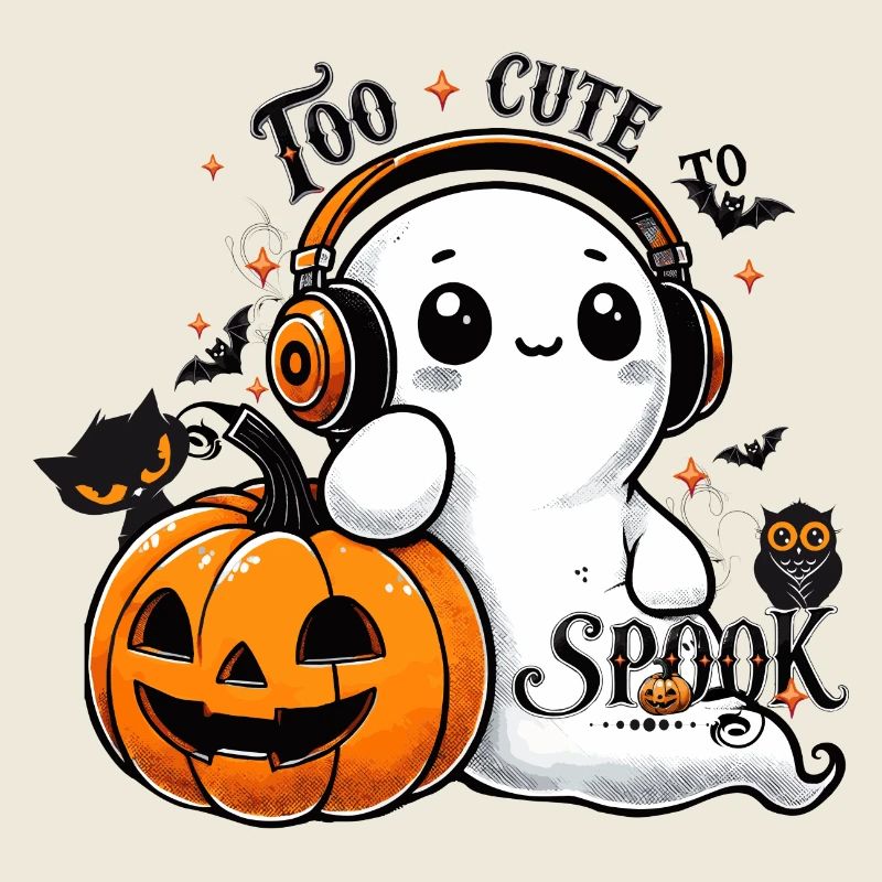 cool ghost with headphones and halloween pumpkin