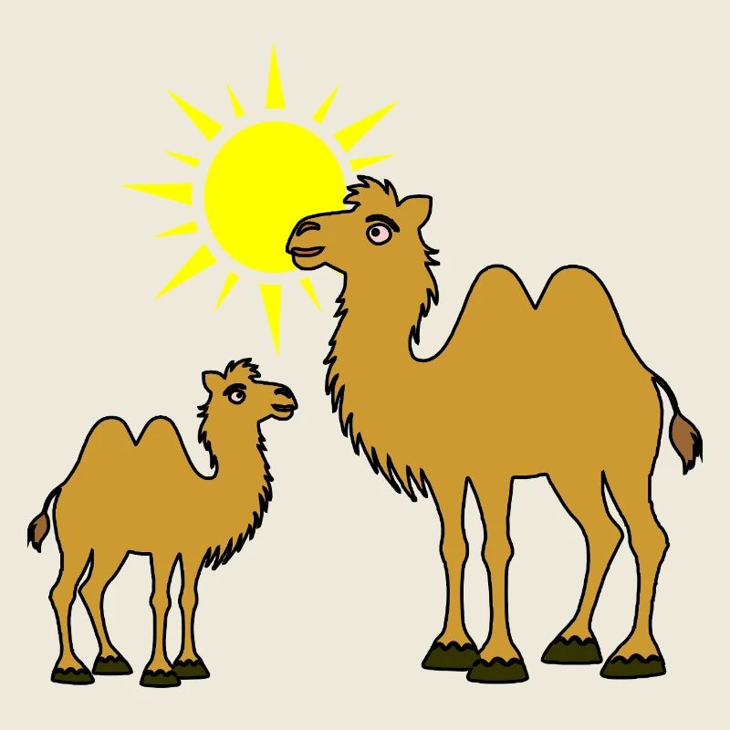 Mère et bébé chameau avec soleil