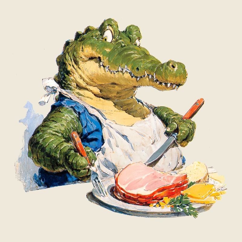 Alligator affamé avec steak dans l’assiette