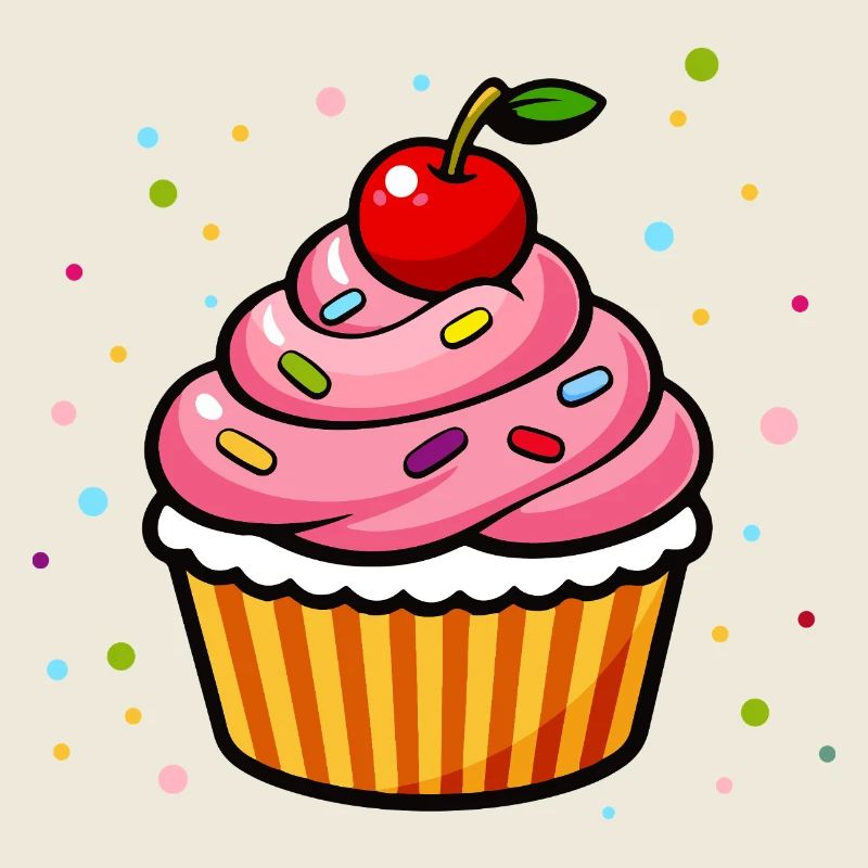 Colorful Cupcake with Cherry in Cartoon Style