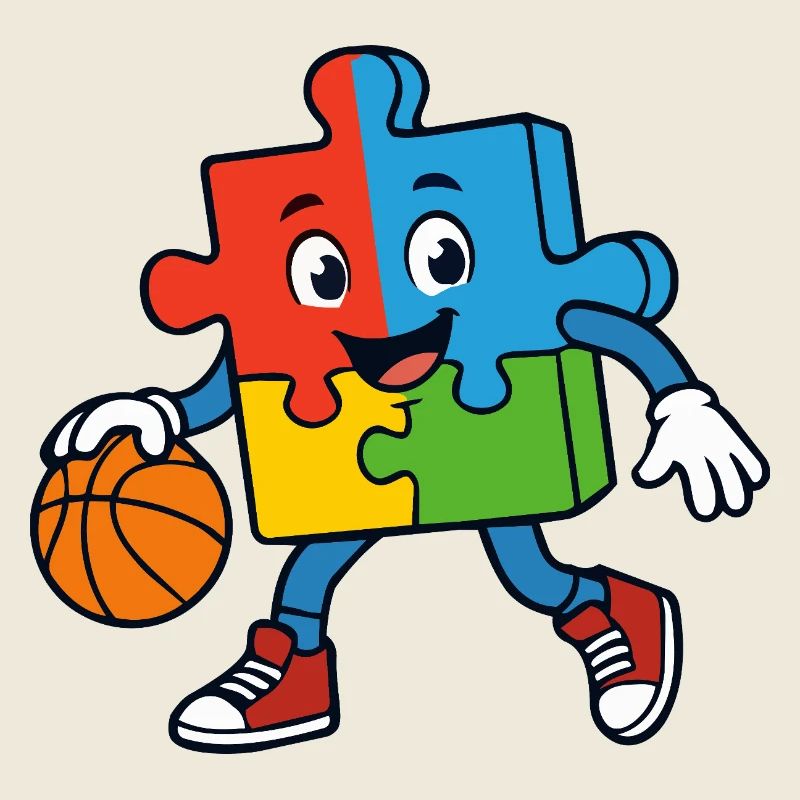 Une pièce de puzzle colorée dribble au basket