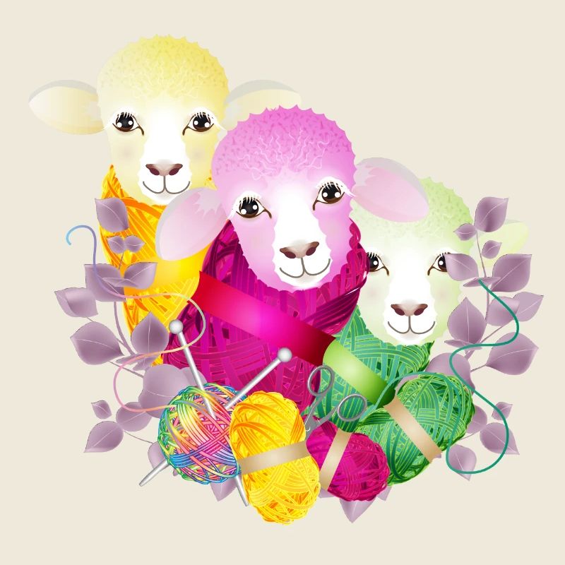 three colourful sheep with balls of wool and knitting needles