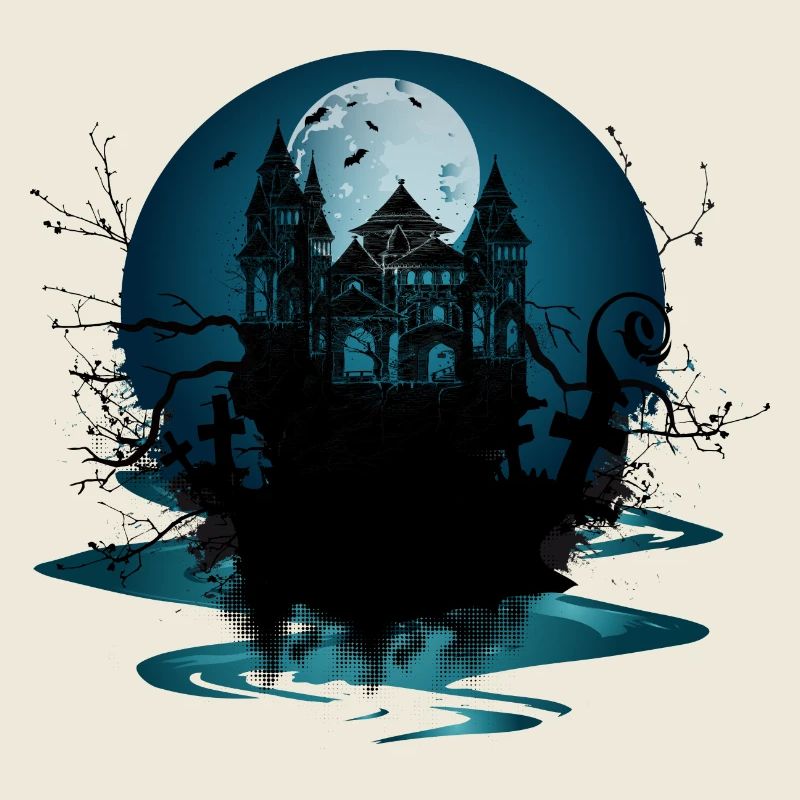 dark castle at night under full moon