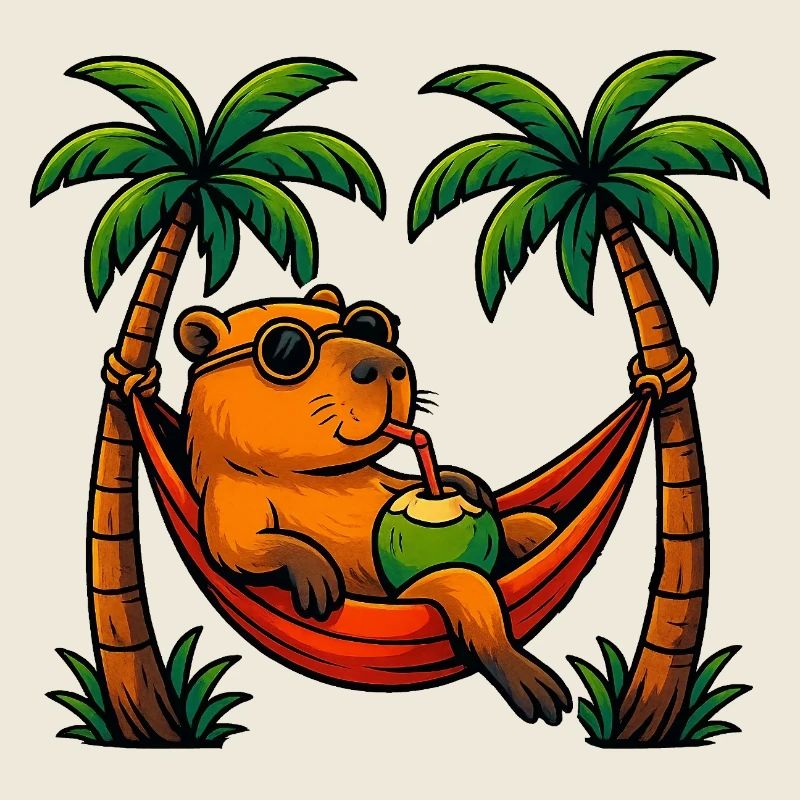 Tropical capybara Relaxing in Coconut Hammock