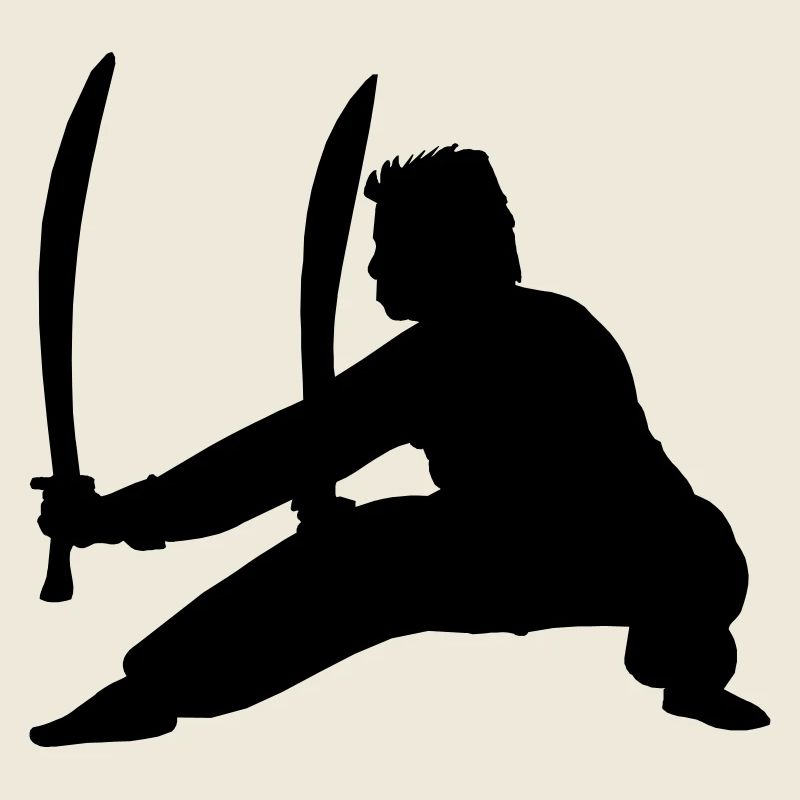 Kung Fu Praktizierender mit zwei Schwertern