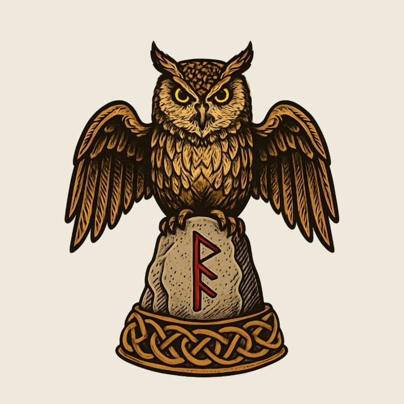 Eule auf Runenstein mit Knotwerk