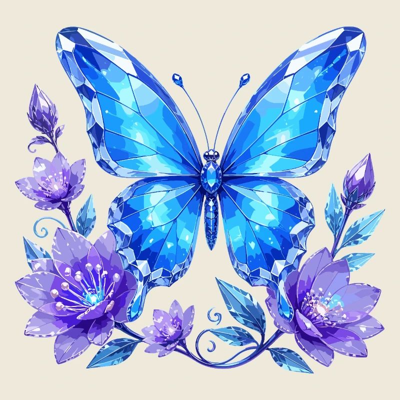 Blue Crystal Butterfly with Flowers