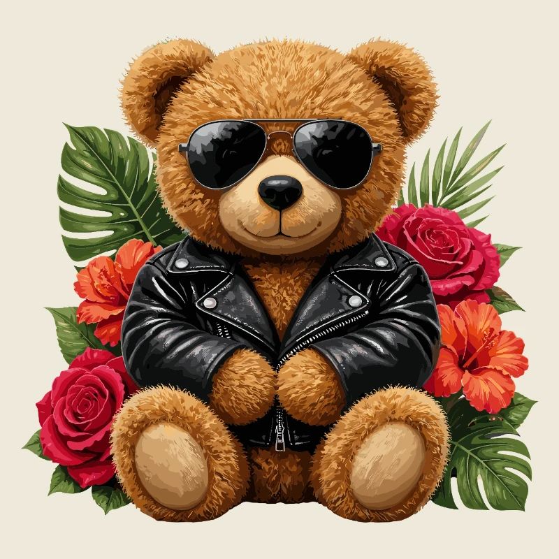 Biker teddy bear with flowers