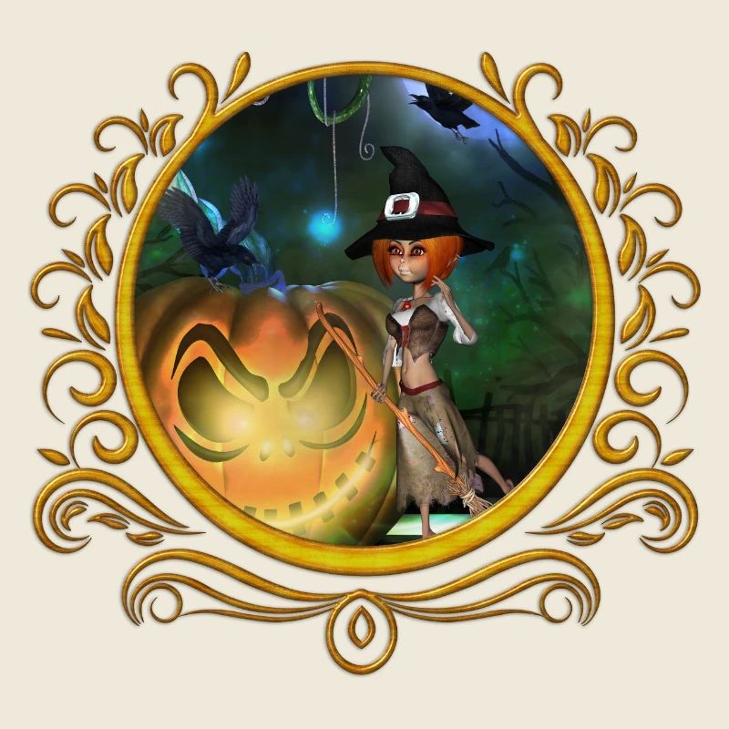 Cute little witch with pumpkin at night