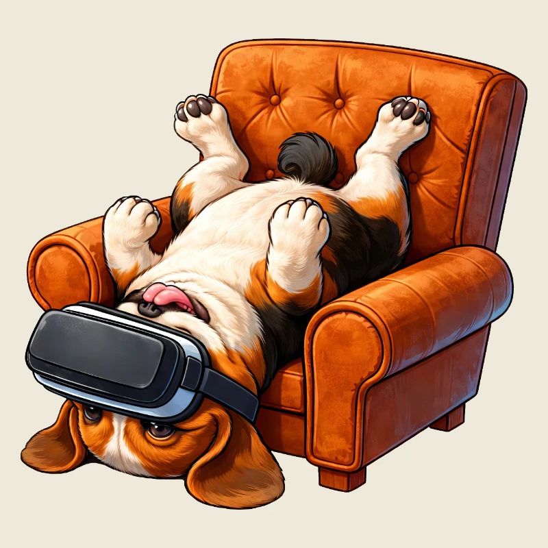 Hund mit VR Brille im Sessel