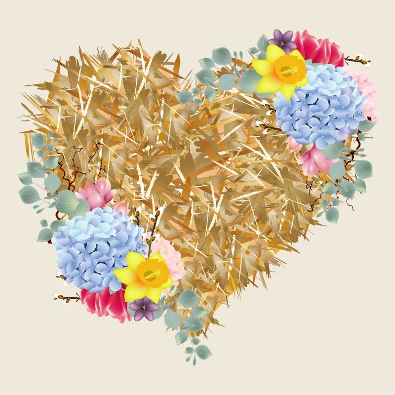 Herz aus Stroh mit Frühlingsblumen