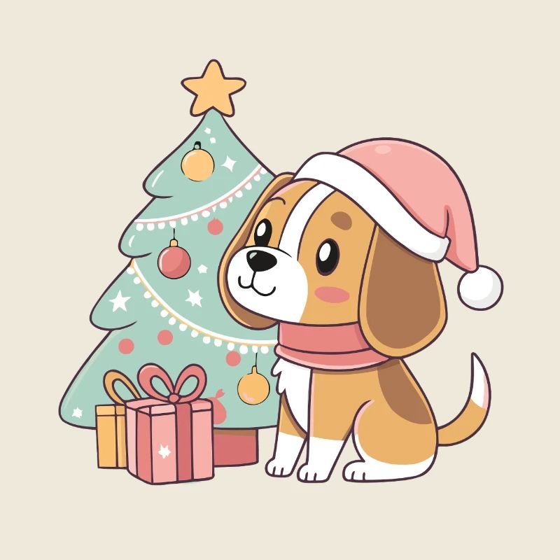 Chiot Noël kawaii près du sapin