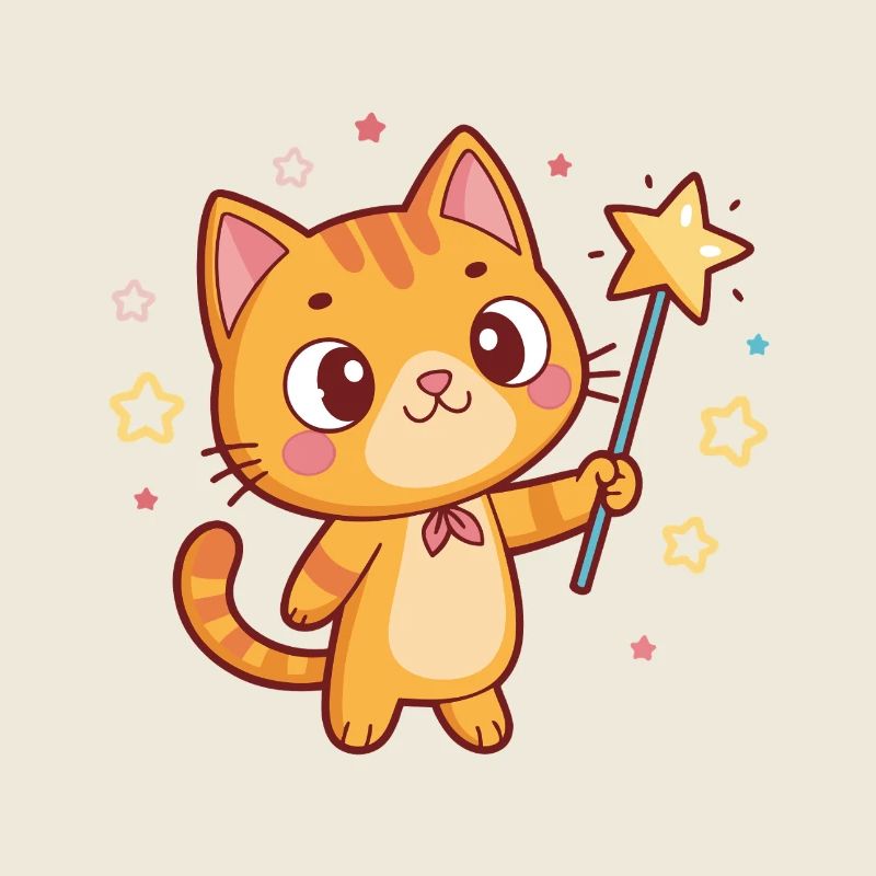 Chat magique et étoiles kawaii