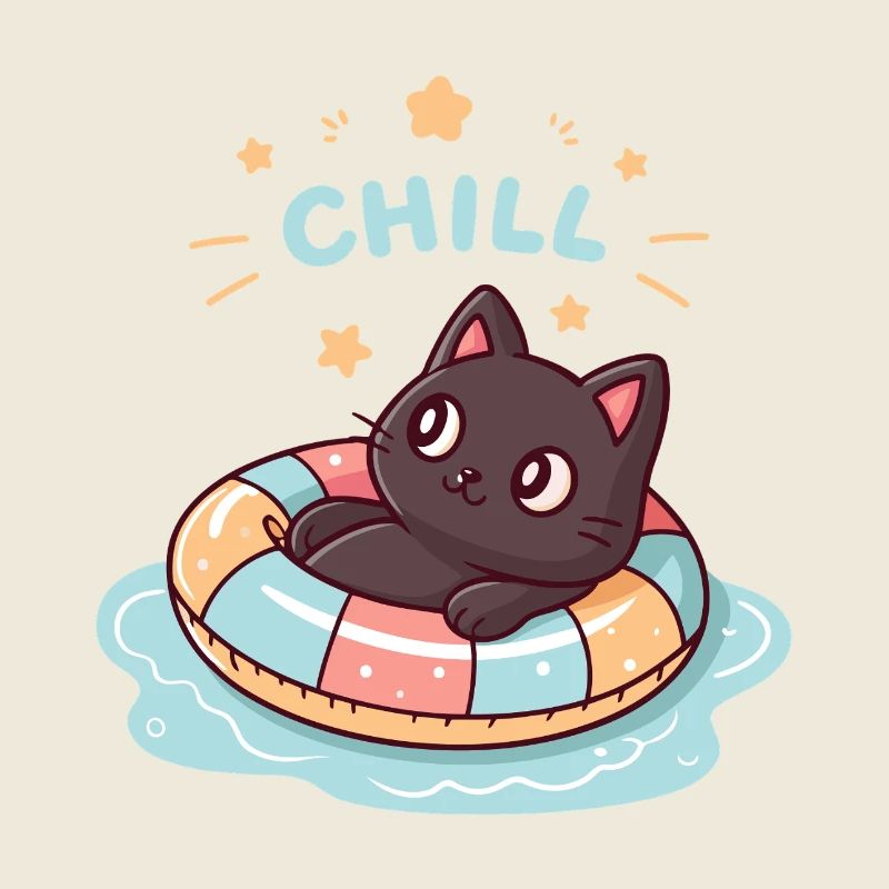 Chat noir en bouée pastel CHILL