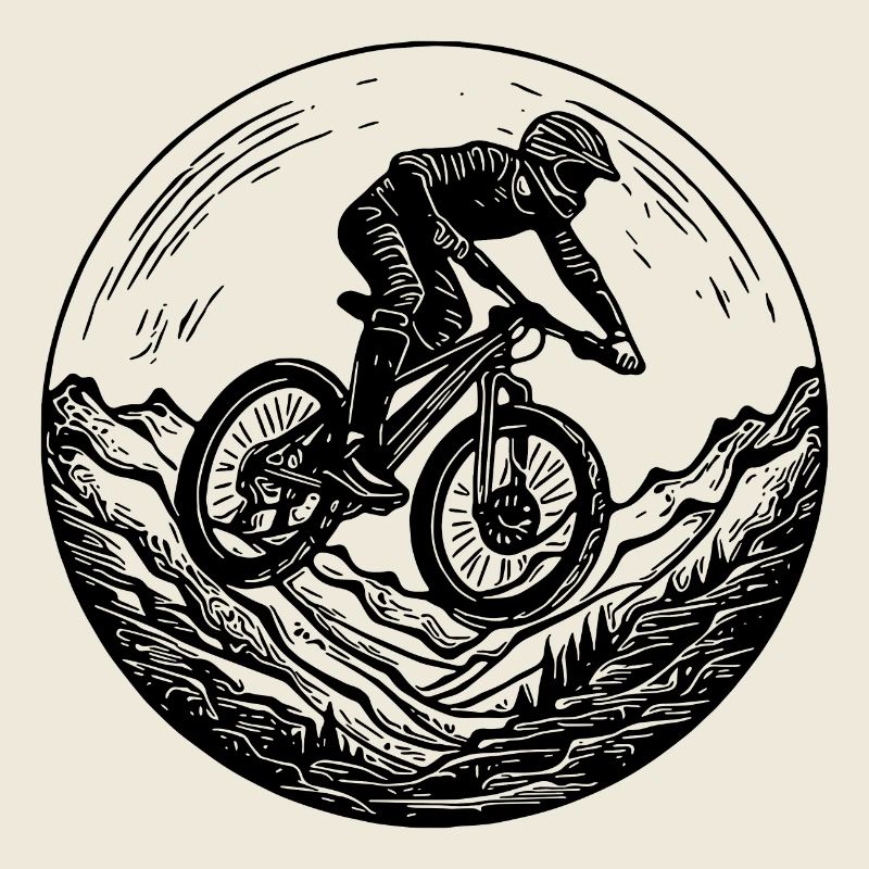 Mountain biker logo with bike on the forest path