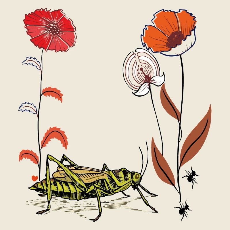 Gartenblume mit Grashüpfer und Ameisen